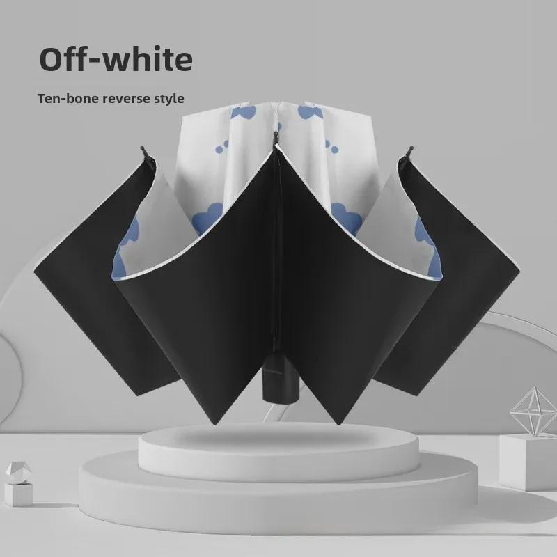 Автоматический женский зонт-цветок двойного назначения: Защита от ветра/дождя и УФ-излучения с тройным складыванием на черном клее.