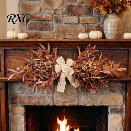 Decorative Wreath for Mantel 23.6" Artificial Olive Wreath, Faux Fall Leaf Teardrop Swag, Autumn Door Hanger Beige Linen Bow with Burlap Thanksgiving