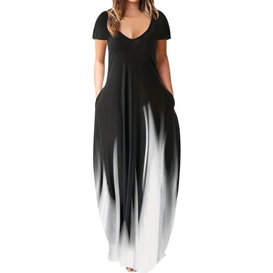 Женское летнее платье с глубоким вырезом и V-образным вырезом с коротким рукавом и контрастным градиентом цвета Свободные карманы длиной до пола Мягкое дышащее повседневное повседневное платье макси