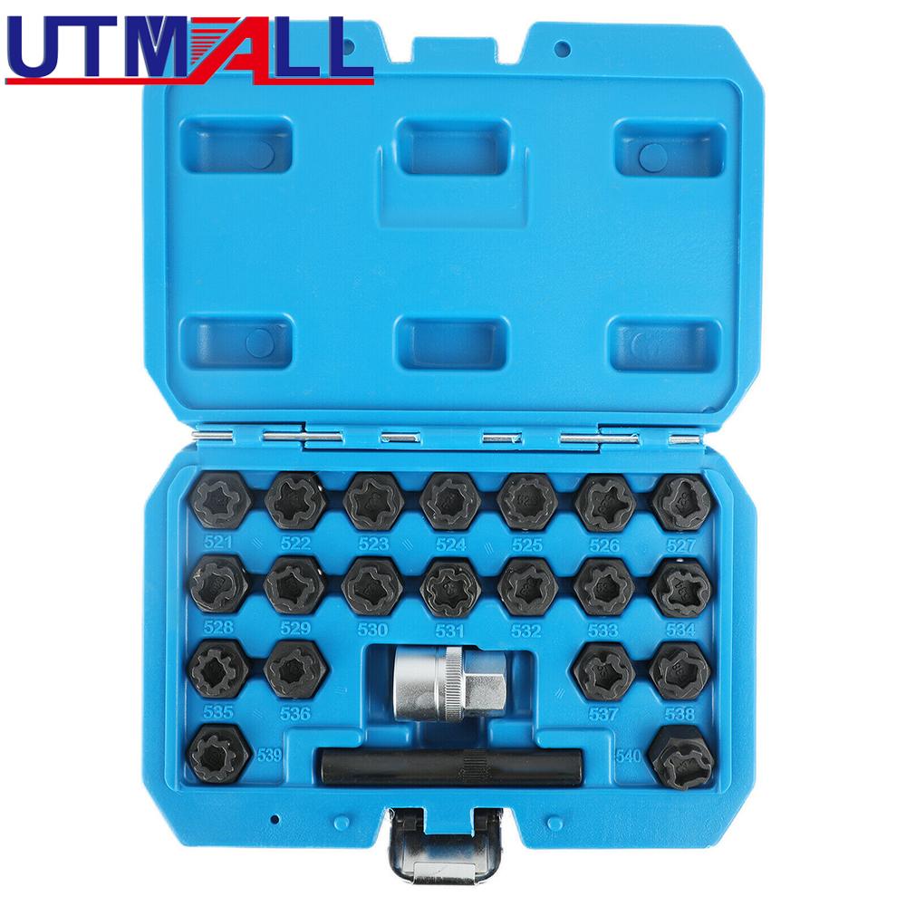 22pcs Wheel Lock Lug Nut Removal Key Socket Set Anti-Theft Screw Kit for VW special keys and a long 1/2" square drive adapter
