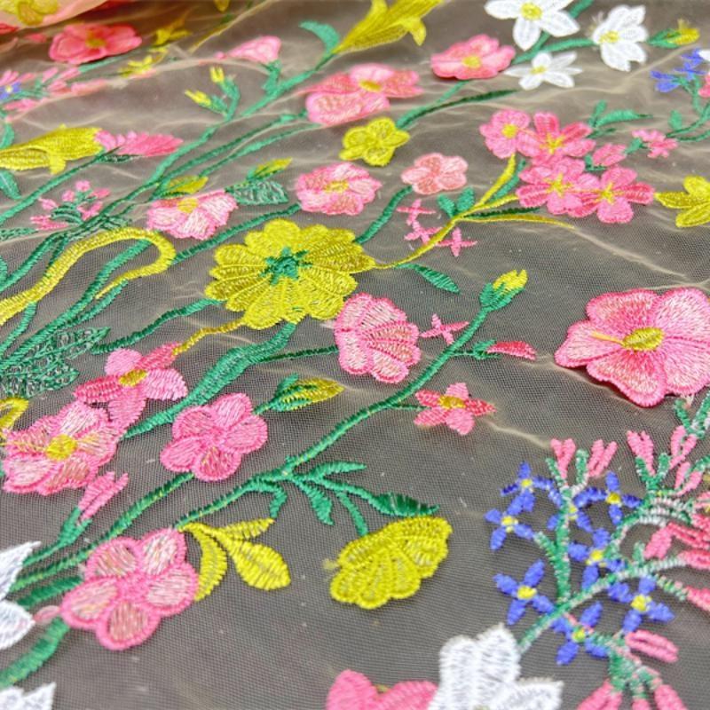 Colorful Floral Embroidery Lace Fabric Sewing for Bridal Dress Gown 90*150cm