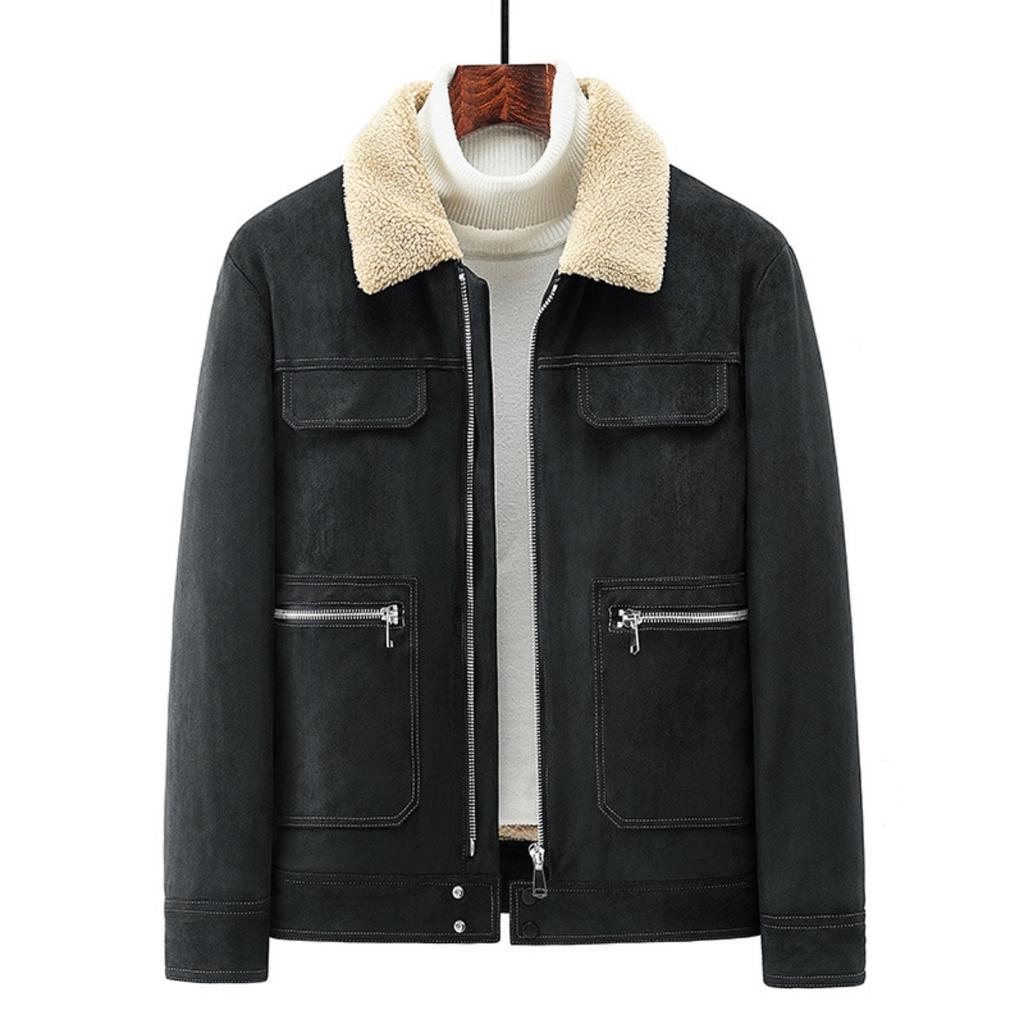 Men's Faux Suede Winter Jacket, Vintage Workwear Fleece Lined Parka, Thickened Warm Coat With Fur Collar, Autumn Winter Outerwear
