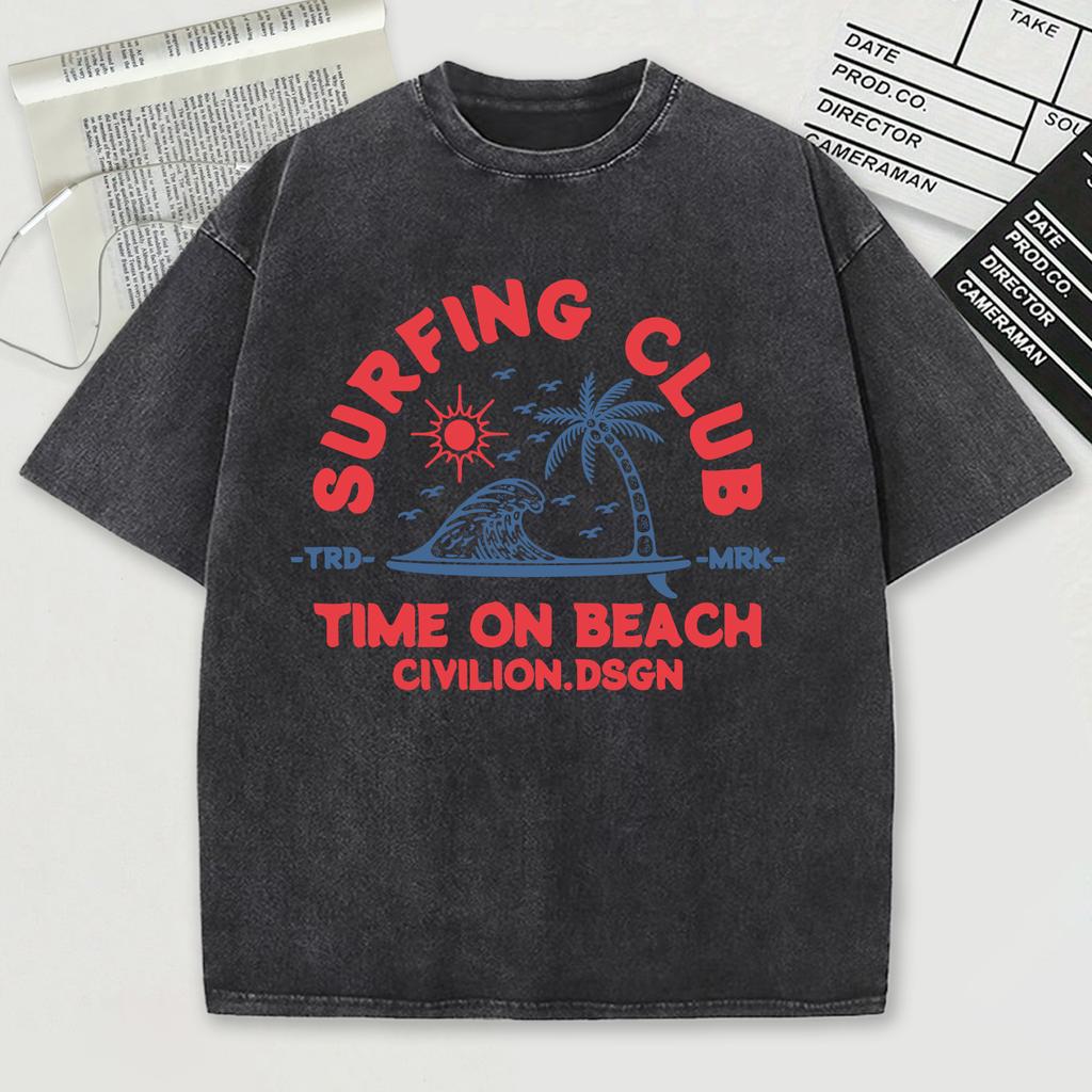 Время серфинг-клуба на пляже Принт Civilion Ретро футболки Летняя хлопковая свободная мужская футболка Мягкая спортивная одежда Стиранная одежда