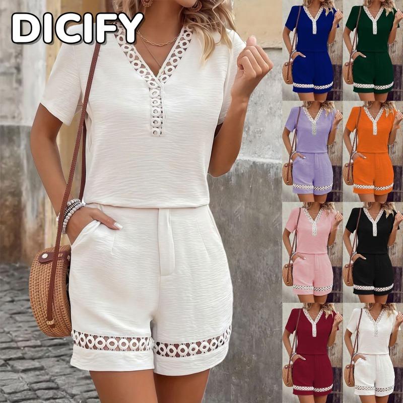 DICFY Women's Fashion Casual Summer Spring Short Sleeve V Neck Pants Suits