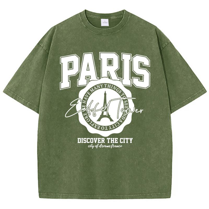 Повседневные женские футболки с кислотной стиркой, футболки с принтами 'Paris Discover The City', состаренные, оверсайз, хлопковые, с коротким рукавом