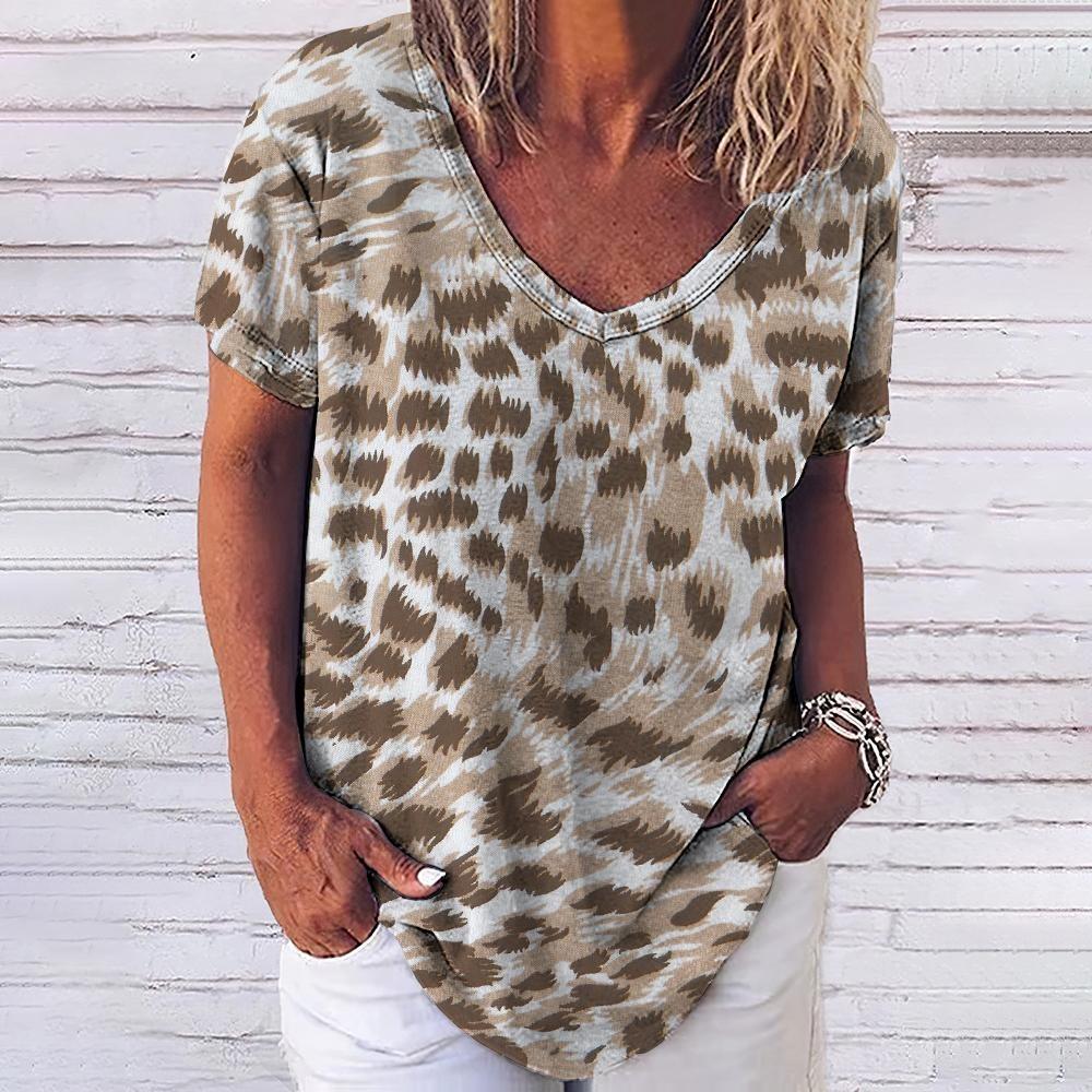 Leopard 3D Print T-shirt for Women Y2k Vintage Tops Harajuku Streetwear V-neck T-shirts Oversized Clothes for Women and Girl