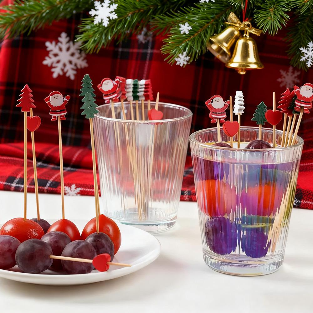 50PCS Xmas Tree Fruit Picks Disposable Bamboo Skewers Colorful Christmas Party Food Decoration Supplies