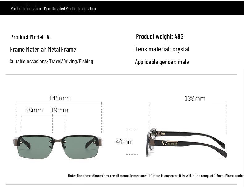 Мужские полуободковые квадратные перфорированные хрустальные солнцезащитные очки с солнцезащитным козырьком на верхнем винте