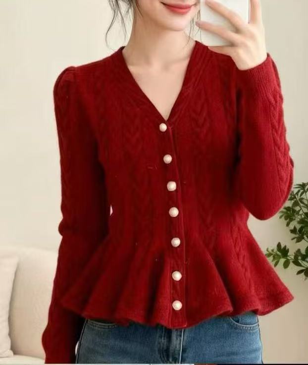 2026 autumn and winter new product elegant temperament v-neck bubble sleeve knitted top waist slim sweater jacket high sense