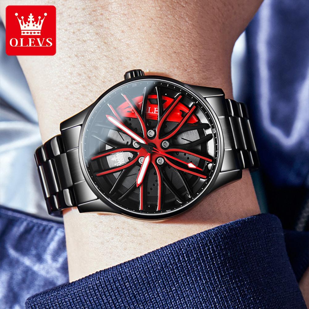 OLEVS Quartz Watch for Men 360° Rotary Dial Sport Car Rim Wheel Hub Waterproof Luminous Fashion Stainless Steel Men's Wristwatch