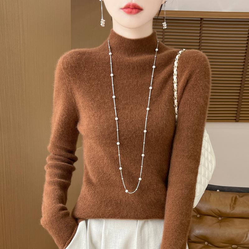 Узкая рубашка с полувысоким воротом, женский вязаный свитер на осень и зиму