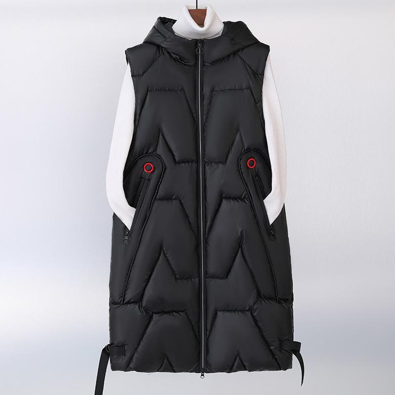Women's Autumn and Winter Long Warm Vest Puffy Zipper Warm Vest Hooded Lined Padded Cotton Vests