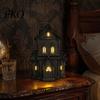 Lighted Gothic Home Decor Halloween Village House Statue with LED Light, Style Table Centerpiece Black Spooky Figurine for Tabletop Holiday