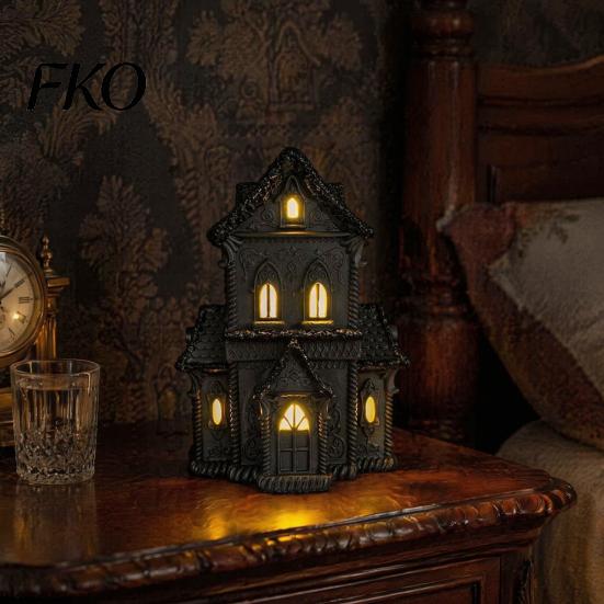Lighted Gothic Home Decor Halloween Village House Statue with LED Light, Style Table Centerpiece Black Spooky Figurine for Tabletop Holiday