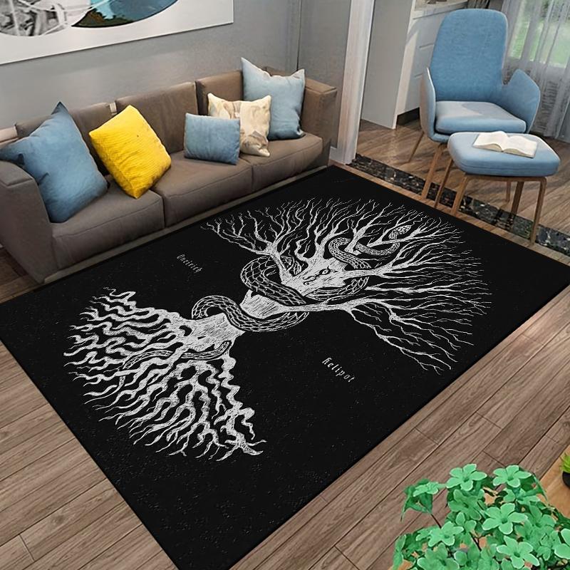 Mystical Tree with Serpent Design Printed Carpet Black and White Gothic Style Suitable for use as an anti-slip for room and bedroom sofas
