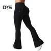 Women Yoga Pants Solid Color Slim Fit Flared Pants with Pockets Thin Elastic Cargo Style Sexy Ruched Long Pants