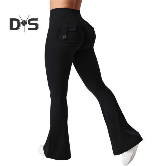 Women Yoga Pants Solid Color Slim Fit Flared Pants with Pockets Thin Elastic Cargo Style Sexy Ruched Long Pants