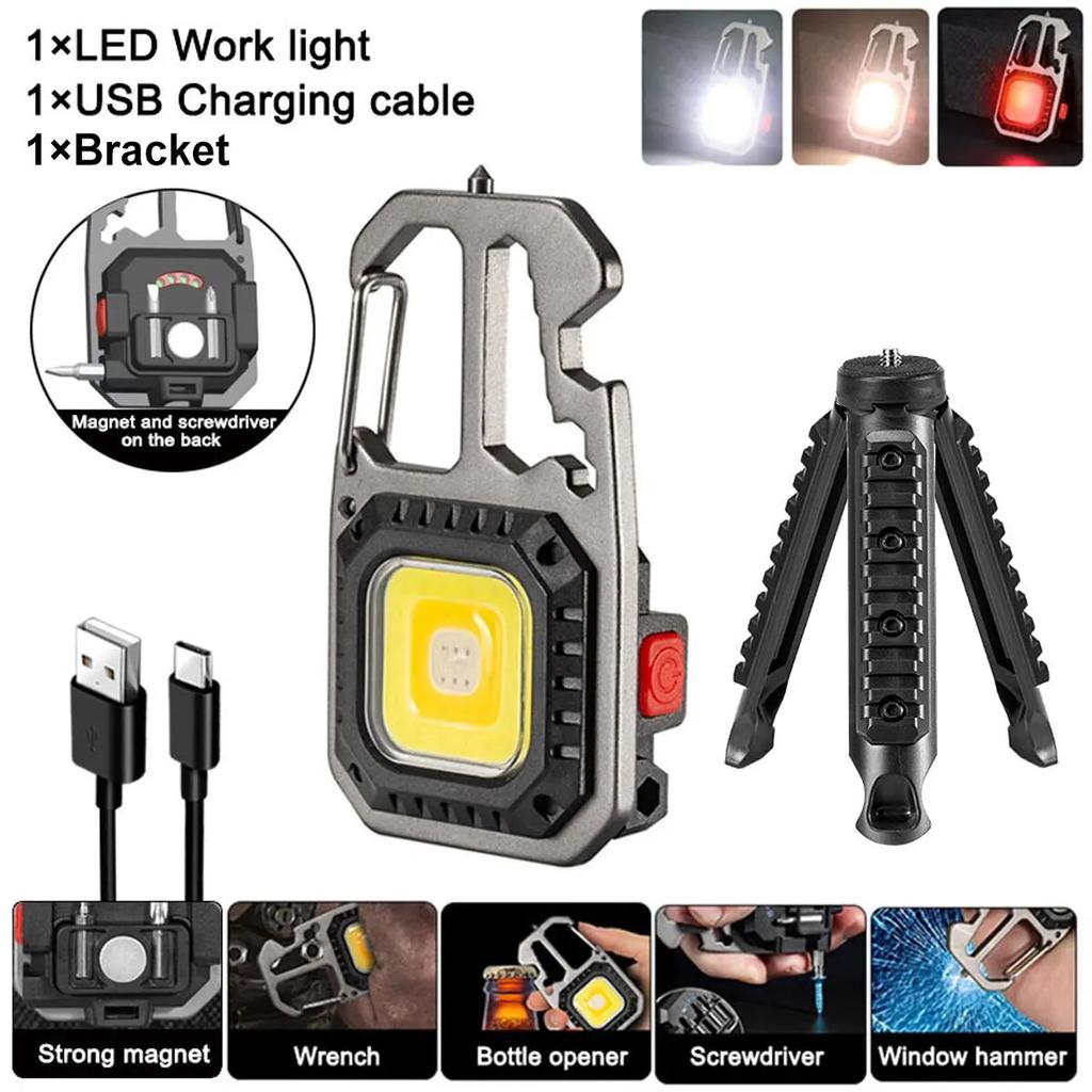 LED Portable Keychain Flashlight Outdoor Camping COB Work Light Emergency Lighting With Window Hammer Bottle Opener Lamp