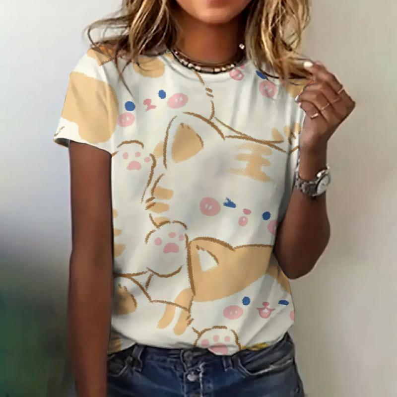 Женская модная футболка, летняя одежда с круглым вырезом, элегантная повседневная верхняя одежда с коротким рукавом и принтом кота, модная свободная футболка, женская одежда
