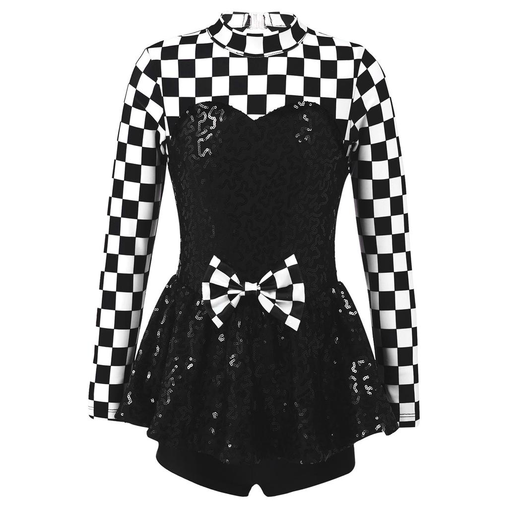 Kids Girls Racer Costume Long Sleeve Sequin Bowknot Keyhole Back Bodysuit for Halloween Cosplay Dress Up Performance