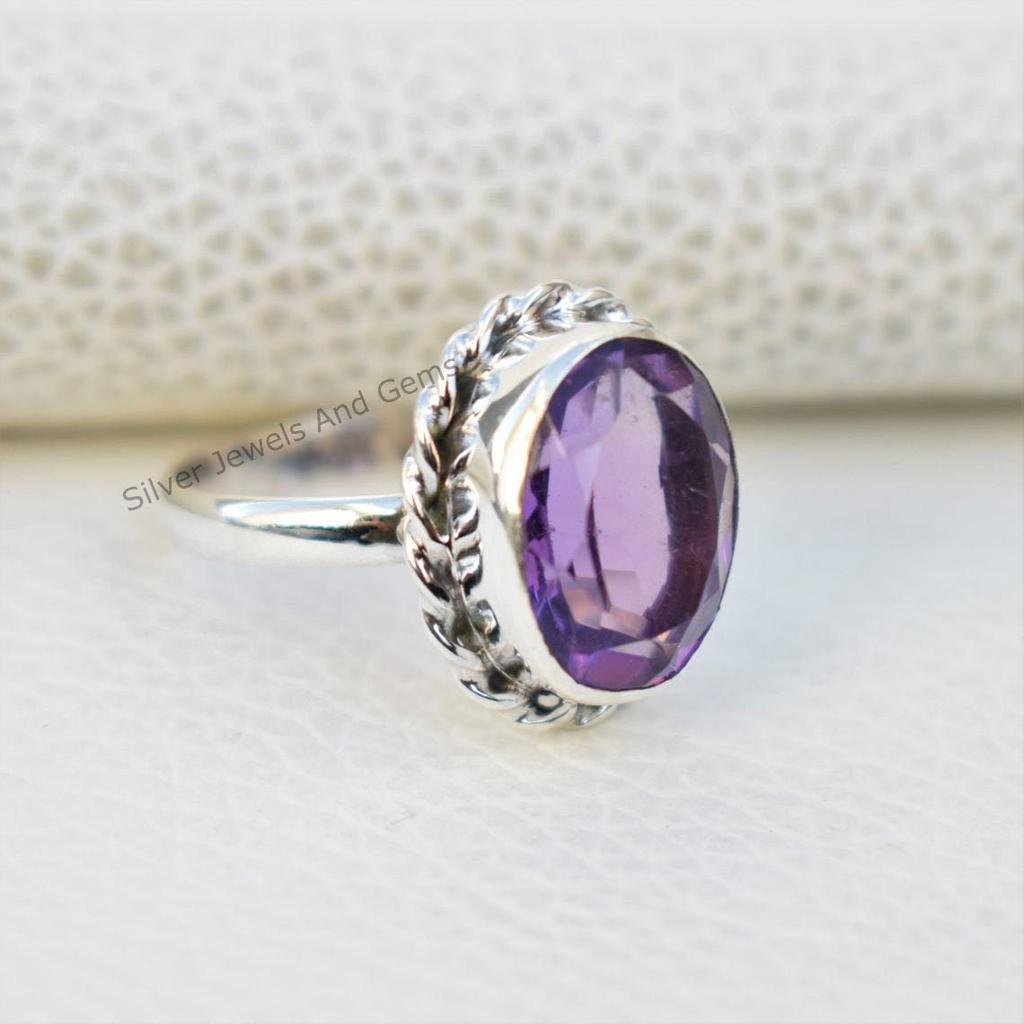 Natural Amethyst Ring, 925 Sterling Silver Ring, Oval Designer Ring, February Birthstone Promise Ring, Handmade Ring