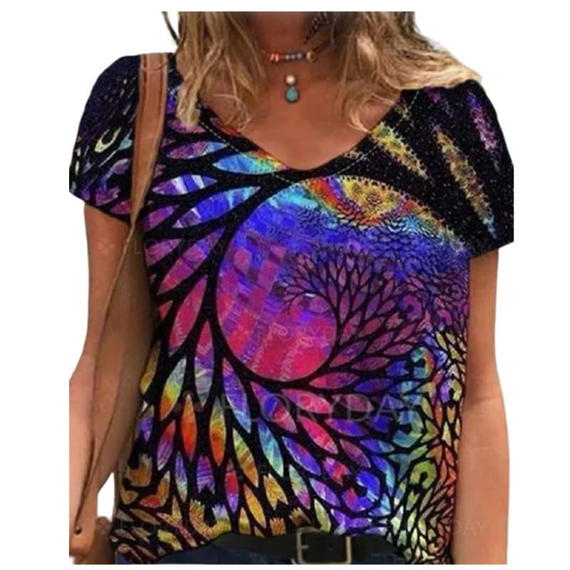 Летний топ с V-образным вырезом и 3D-цветным принтом, модные повседневные женские футболки с короткими рукавами