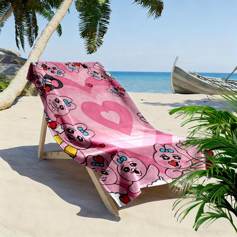 Whimsical pink heart-shaped rabbit 2D Flat Print Beach Towel, Large Soft Quick Dry Towel for Beach Camping SwimmingZSTJ0915427