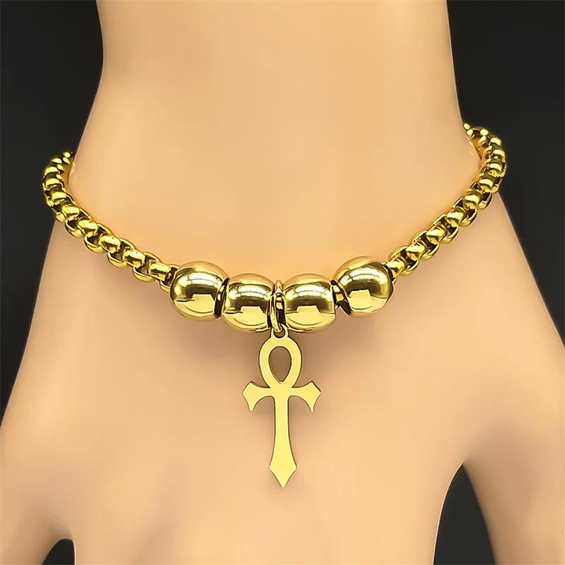 Bracelet Vintage Charm Amulet Talisman Ankh Cross Men Women Stainless Steel Egypt Egyptian Key Life Religious Jewelry Gift Hip Hop Rock Goth Gothic