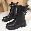 Fashion Buckle Platform Mid Calf Boots Women Lace Up Punk Motorcycle Boots Woman Autumn Winter Thick Sole Pu Leather Botas 35-42