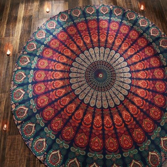 Indian Golden Blue Chili Round Table Cover Bohemia Indian Mandala Table Cloth Fabric Peacock Father Tablecloth Mediterranean Style Kitchen Round