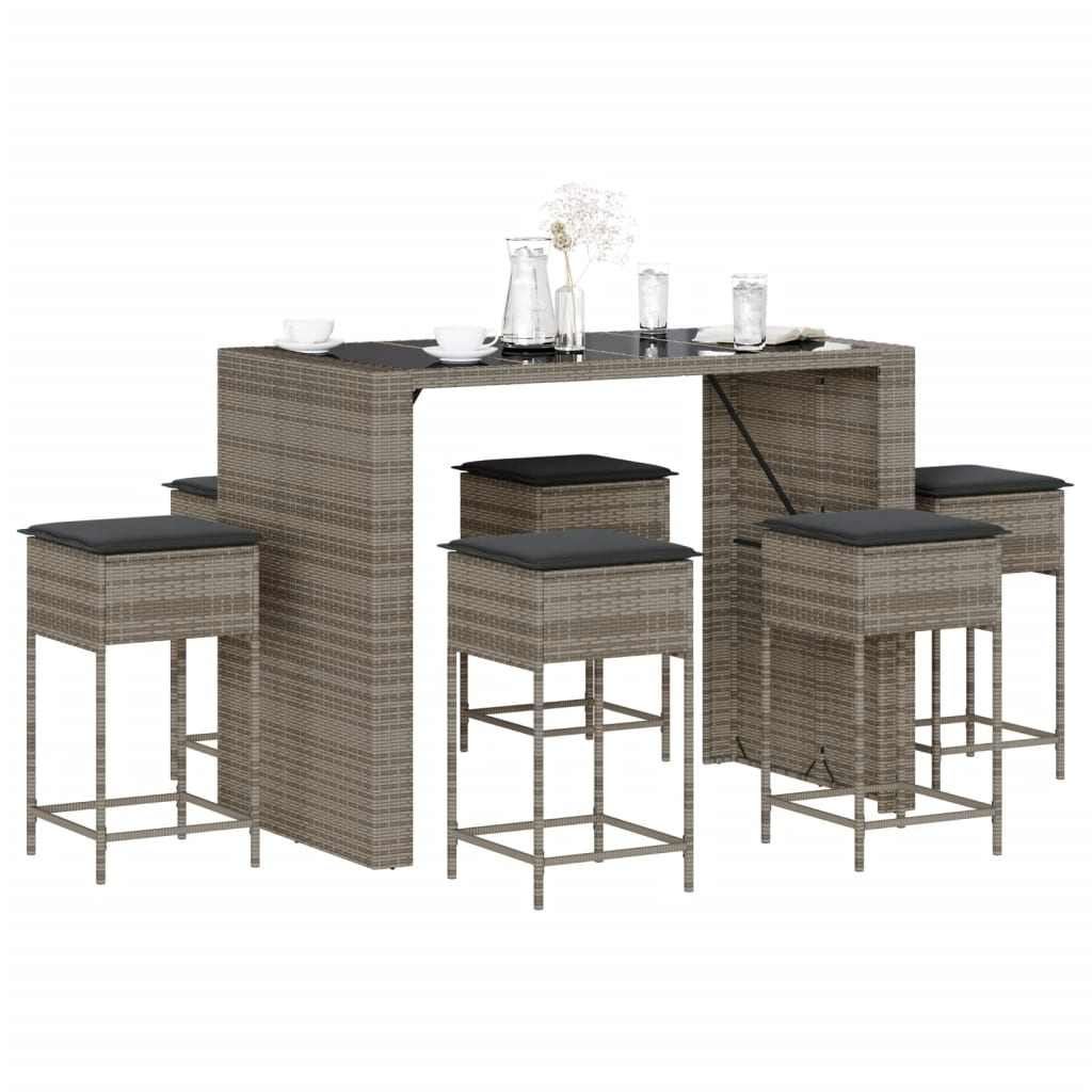 7 piece Garden Bar Set with Cushions Gray Poly Rattan