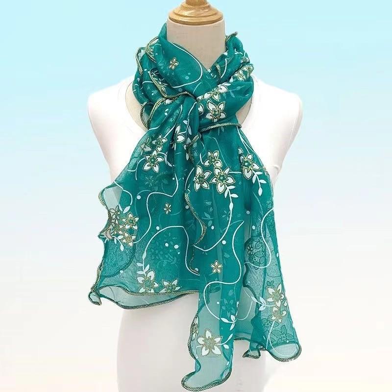 Ruffles Flower Embroidery Scarf Elegant Solid Color Breathable Shawl Women Head Wrap Outdoor Windproof Hijab Turban Travel Beach Towel
