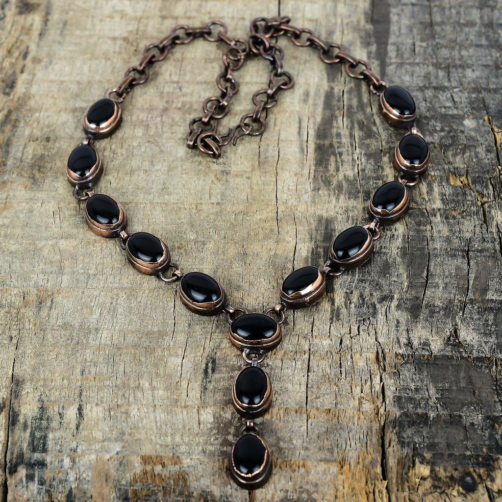 Ожерелье из черного оникса, ожерелье из электроформированной меди, ожерелье с регулируемой цепочкой, элегантные медные украшения, ожерелье из драгоценных камней ручной работы, свадебные подарки