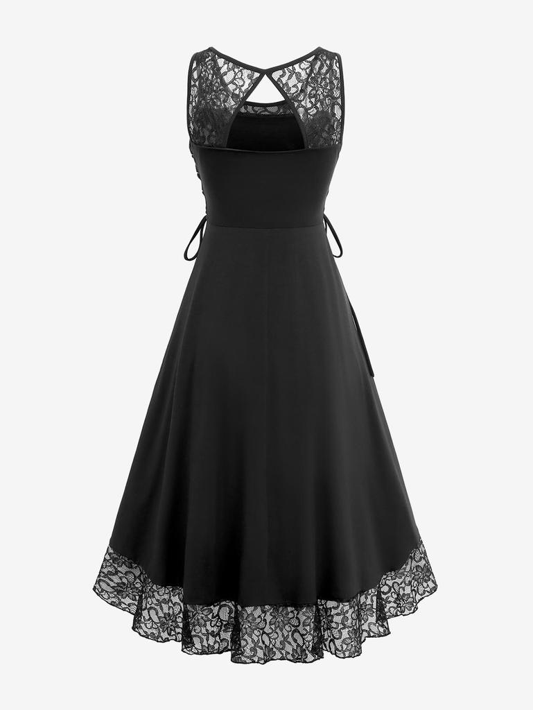 Rosegal Готическое кружевное платье с цветочным принтом в стиле пэчворк на шнуровке с вырезами на спине и оборками на спине Платье трапециевидной формы