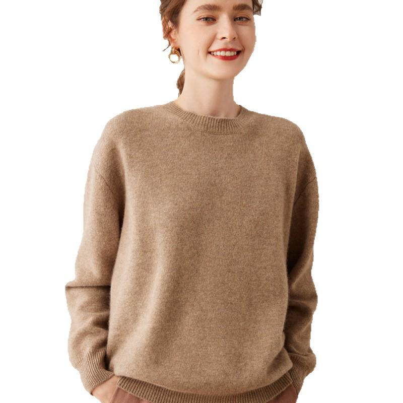 Women's Soft Cashmere Knit Sweater: Round Neck, Long Sleeve, Loose Fit, Cozy Autumn/Winter Base Layer
