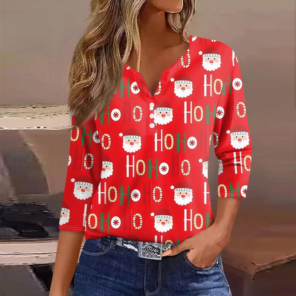 Женская футболка с рождественским принтом, на пуговицах, рукав 3/4, повседневная мода на выходные, базовый топ с V-образным вырезом
