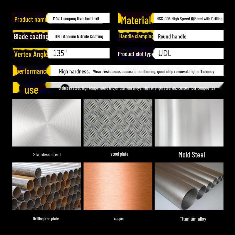 Сверло Tiangong M42 с титановым покрытием из кобальта для твердых металлов и нержавеющей стали