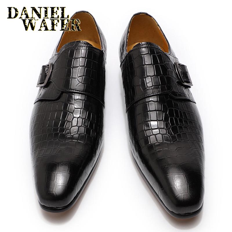 Классические мужские туфли из натуральной кожи с ремешком-монком и пряжкой, с острым носком, свадебные, с узором под крокодила, деловые, формальные