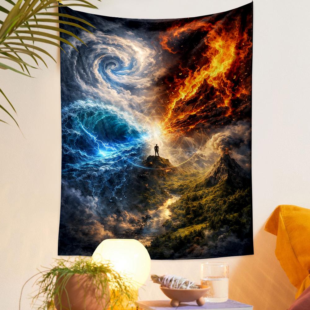 Four Elements Water Fire Earth Air Mountain Spiritual Printed Tapestry for Living Room Dorm Decor