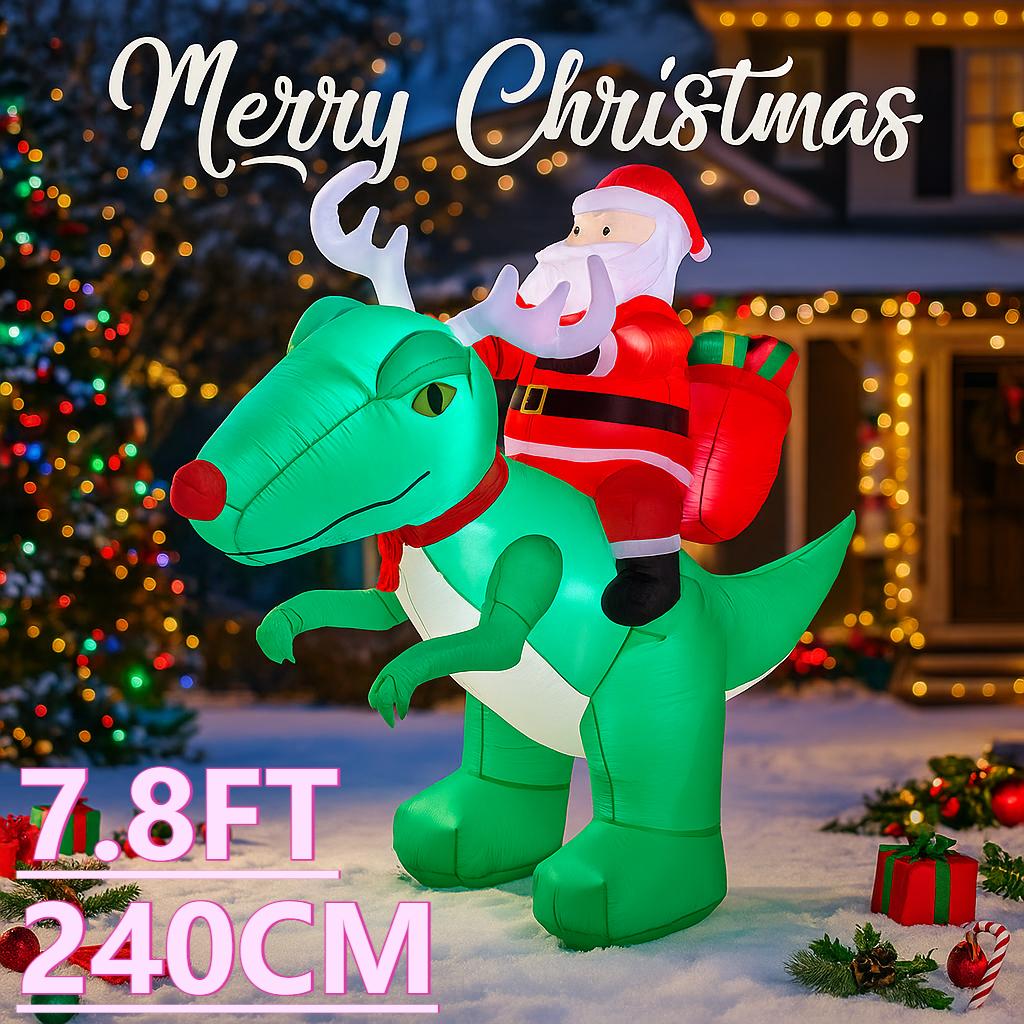 7.8FT Светодиодный надувной рождественский декор для двора Санта на динозавре Рождественские украшения Газон Садовые принадлежности Домашнее украшение Подарки Игрушка