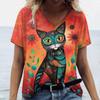 Summer Cartoon Cat Women's T Shirts Vintage Short Sleeve Tops Girls V-Neck Tees Female Clothing Oversized Pullover