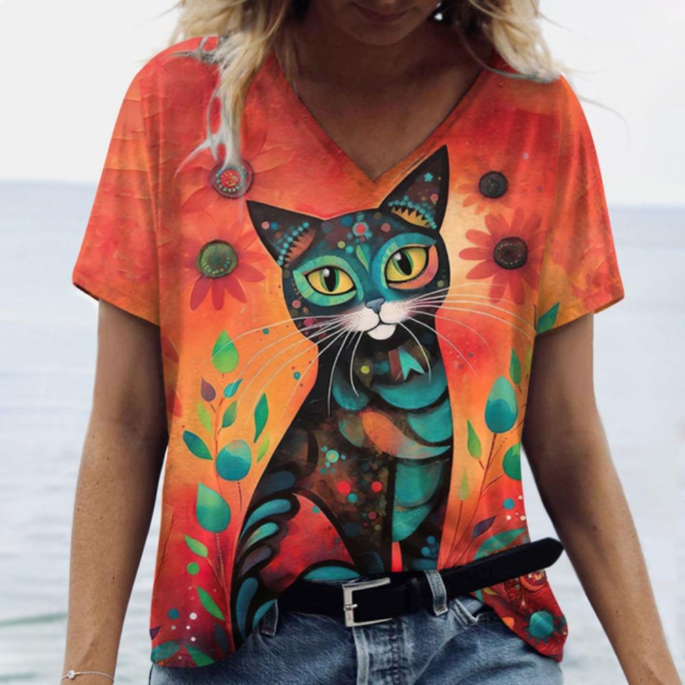 Summer Cartoon Cat Women's T Shirts Vintage Short Sleeve Tops Girls V-Neck Tees Female Clothing Oversized Pullover