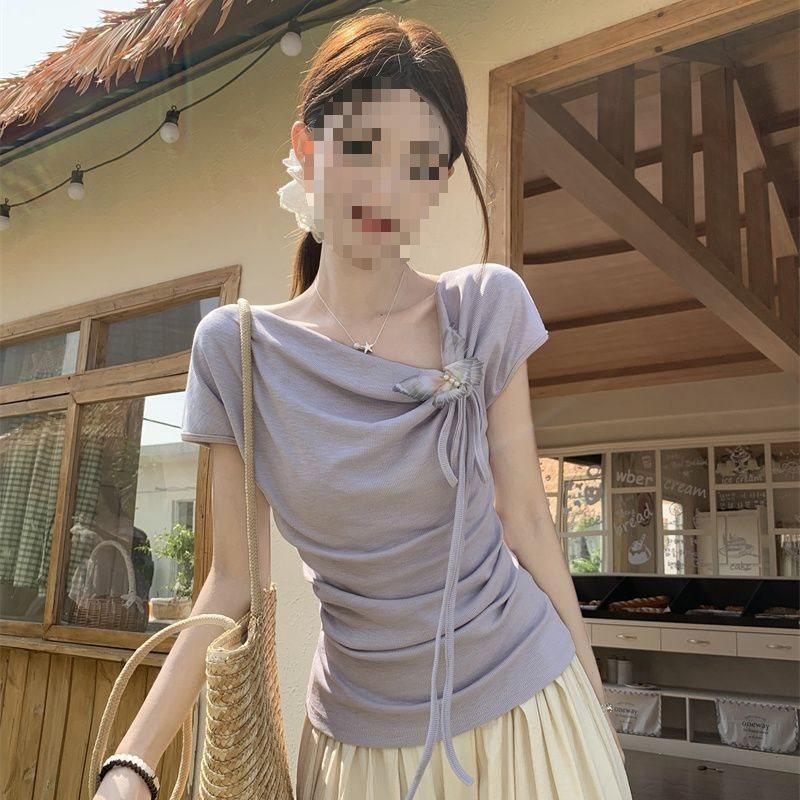 French Irregular Design Short Sleeve Butterfly Top With Embroidery For Summer Fashion