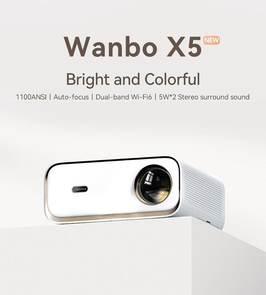ЖК-проектор Wanbo X5, 1080P, 1100 ANSI люмен, автоматическая коррекция трапецеидальных искажений, двухдиапазонный Wi-Fi 6, 1 ГБ/16 ГБ, Bluetooth 5.0