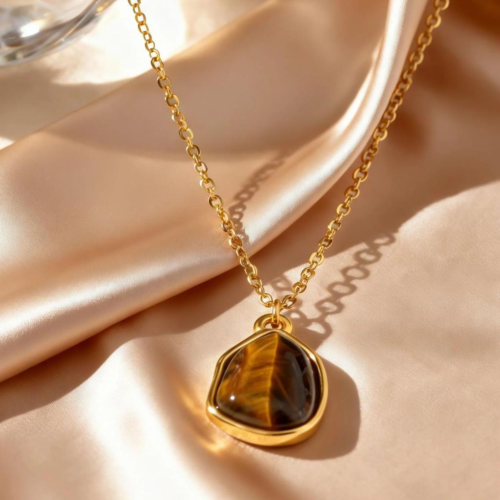 Tiger Eye Natural Stone Necklace for Women Stainless Steel Gold Plated Geometric Stone Pendant Necklace Aesthetic Jewelry Gift