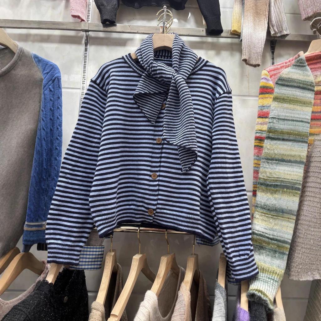 Design Sense Women's Striped Tie-Up Knitted Cardigan - 2025 Autumn/Winter Collection.