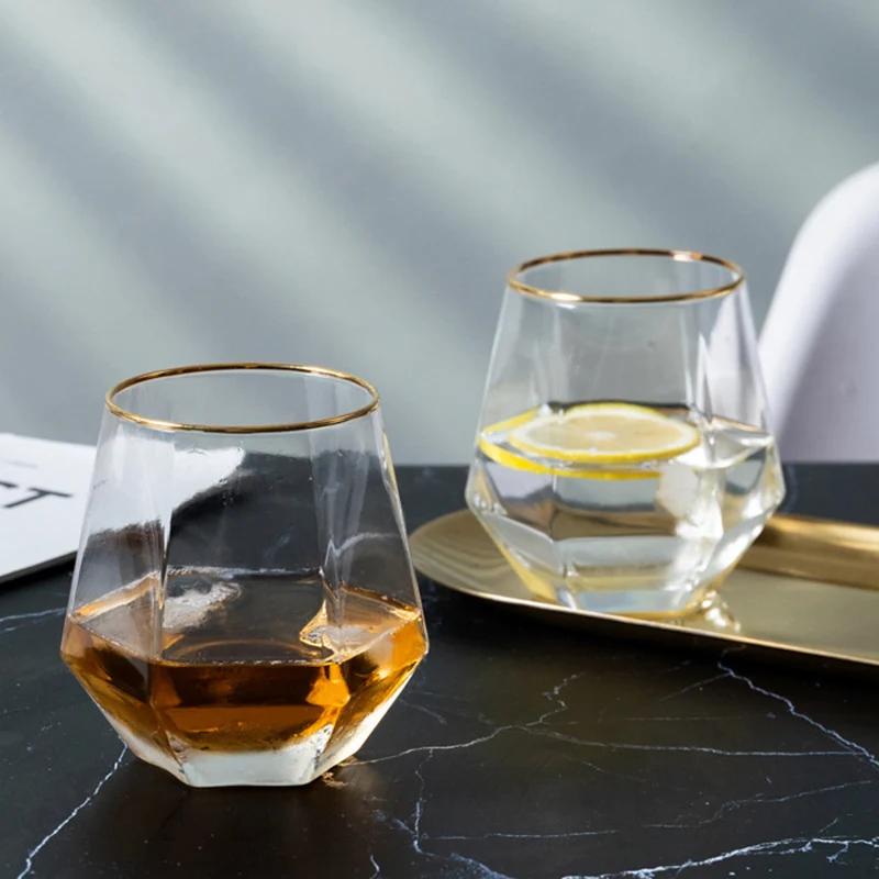 2pcs Set 11OZ Creative Stylish Rolling Golden Edged Glasses Transparent Hexagonal Glass for Home Bar Club Restaurant Water Cups