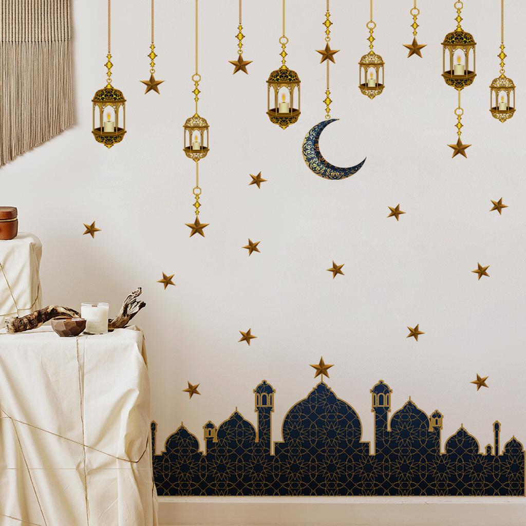 Ramadan Wall Stickers Moon Star Lantern Ornaments Wall Decals Ramadan Decoration For Home 2023 Islamic Muslim Mural Eid Mubarak