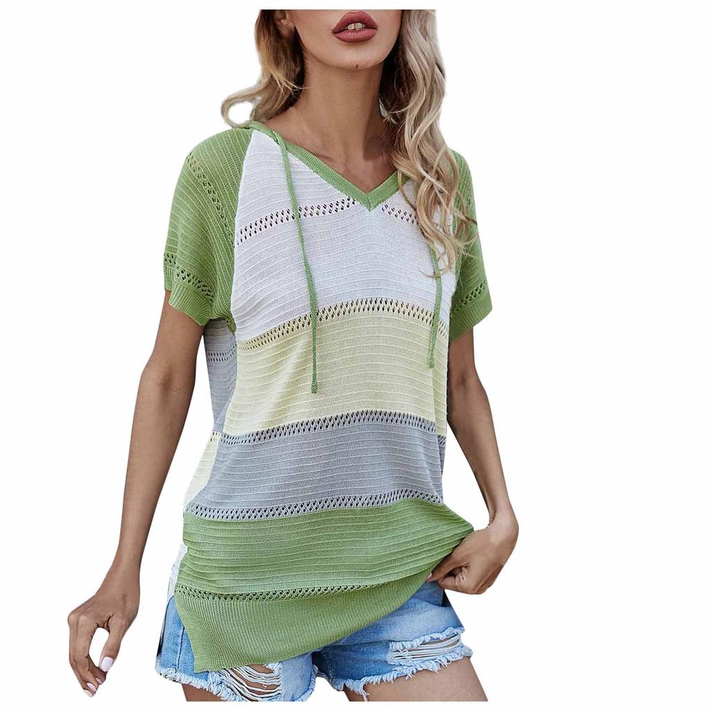 Женский повседневный модный и удобный пуловер с капюшоном и короткими рукавами, топ, разноцветный полосатый вязаный свитер