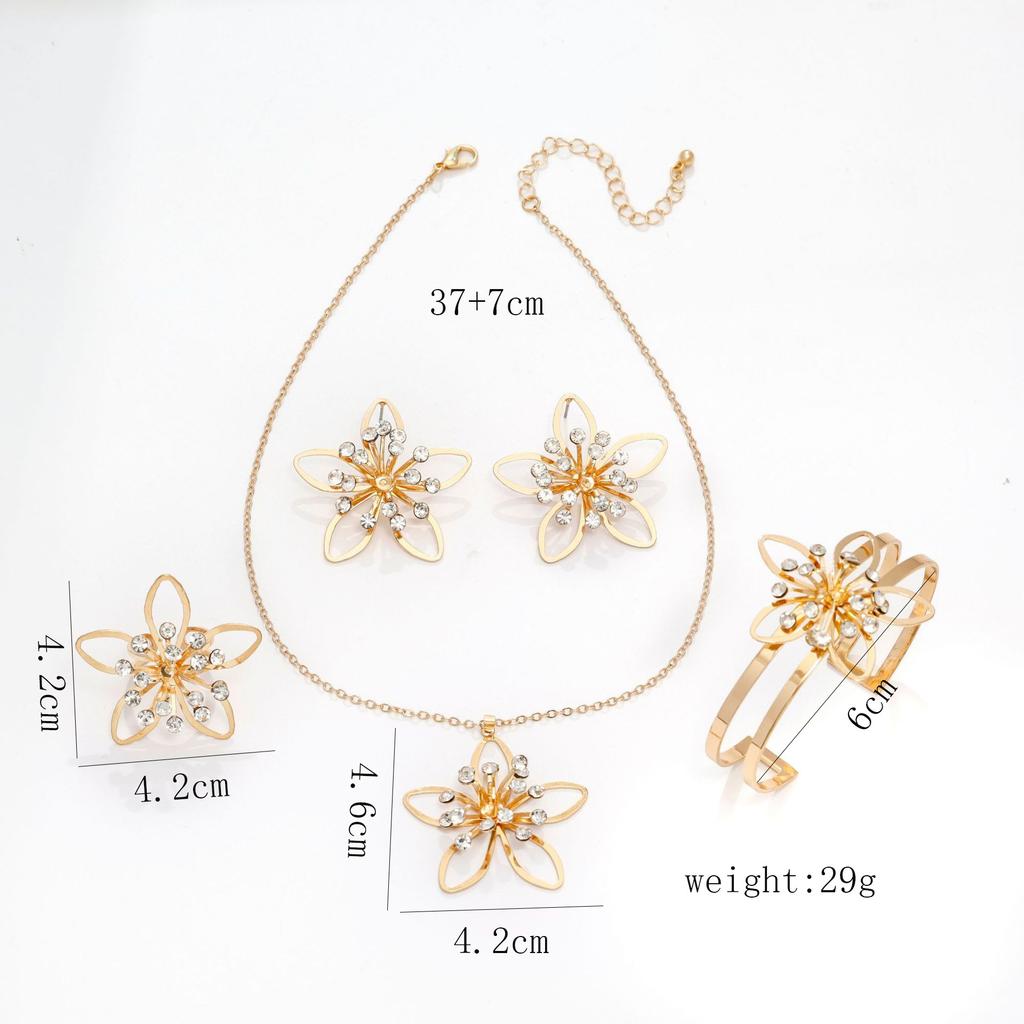Accessories Fashion Metal Hollow Diamond Flower Necklace Earrings Temperament Elegant Bracelet Ring Set